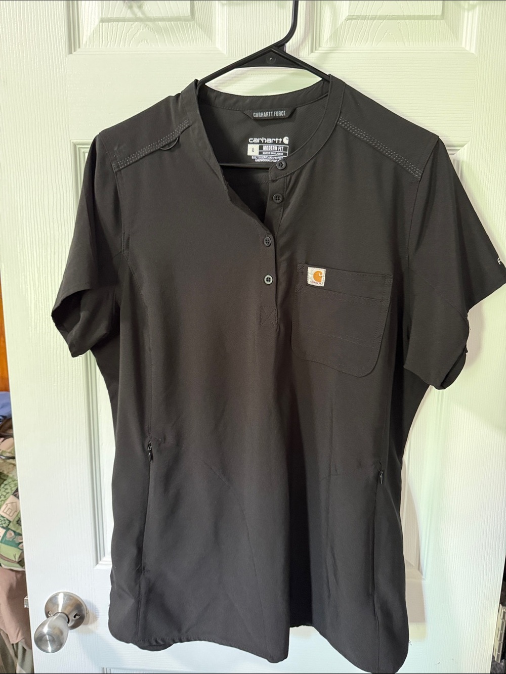 Carhartt Woman's Cross Flex Henley Scrub Top and Boot cut Scrub pants